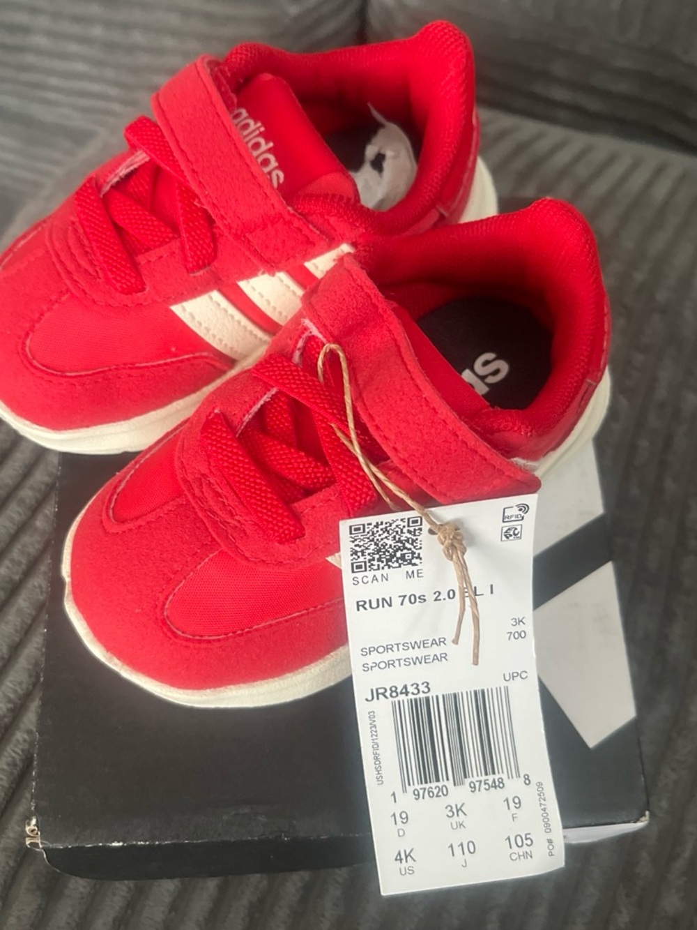 adidas Kids Red and White Run 70s Velcro Sneakers